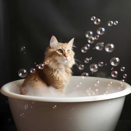 Cute ginger maine coon cat sitting in bath with soap bubblesの素材