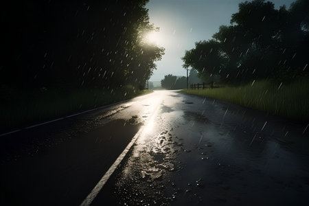 Rainy day on the road in the countryside. 3d renderingの素材