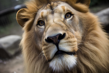 Portrait of a male lion in a zoo, close-upの素材