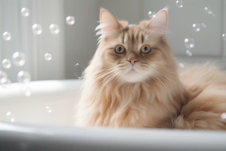 Close-up portrait of a cat in a bathtub with bubblesの素材