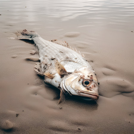 Dead fish on the beach. Dead fish on a sandy beach.の素材