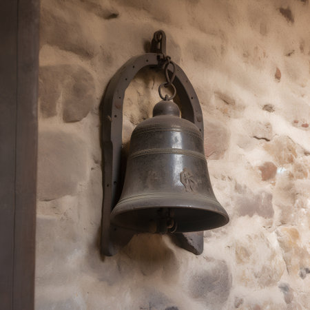 Old bronze bell hanging on the wall of an old church in Franceの素材