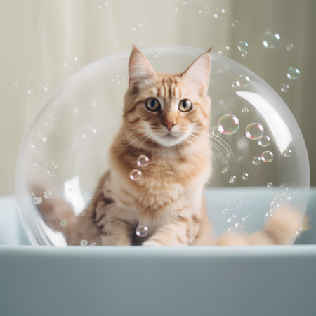 Cute ginger cat sitting inside a glass ball with soap bubbles.の素材