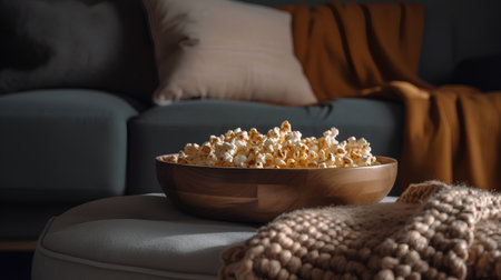 Wooden bowl with popcorn on chair in living room at home.の素材
