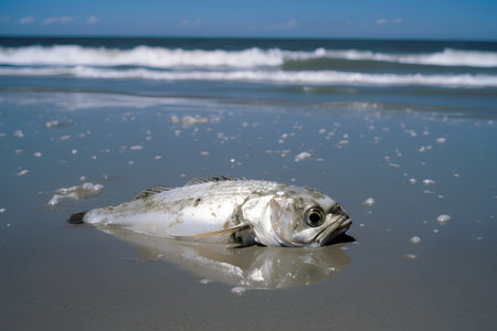 Dead fish on the beach with the sea in the background and blue skyの素材