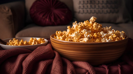 Popcorn in a bowl on the background of a red knitted scarf.の素材