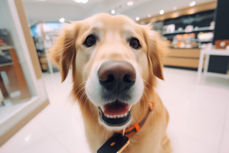 Cute Golden Retriever dog in shopping mall, shallow dofの素材