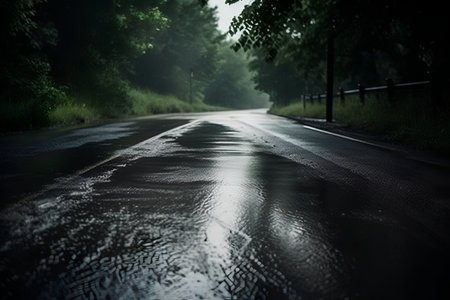 Rainy asphalt road in the forest. Shallow depth of fieldの素材