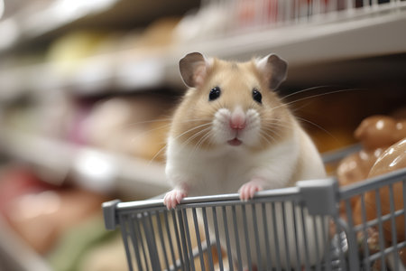 Hamster in shopping cart on supermarket shelves background, close-upの素材
