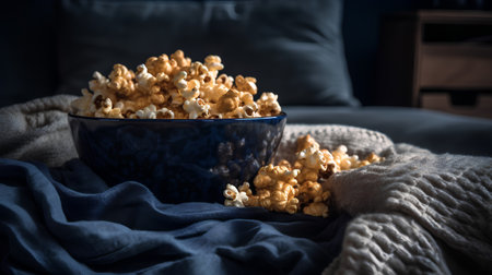 Popcorn in a blue bowl on the bed. Toned.の素材