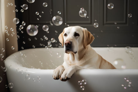 Labrador retriever dog in bathtub with soap bubbles, closeupの素材