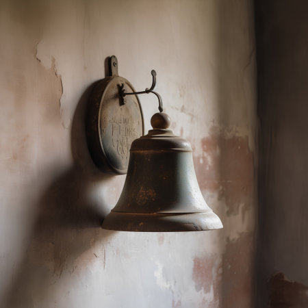 Old bell hanging on the wall in an old house, vintage styleの素材