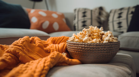 A bowl of popcorn on the sofa with an orange knitted scarf.の素材