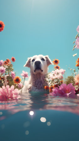 Cute dog in the pool with flowers. 3d rendering.の素材