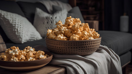 A bowl of popcorn on a wooden table in the living room.の素材