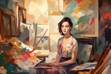 Beautiful young woman painting in her art studio. Vector illustration.の素材