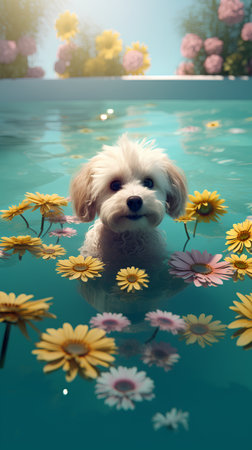 Cute little dog in the water with daisies. 3d renderingの素材