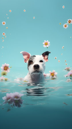 Funny dog with flowers floating in the water. 3d renderingの素材