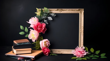 Blank blackboard with frame, books and flowers on black backgroundの素材