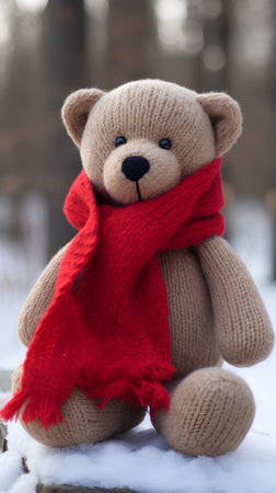 Teddy bear in a red scarf on the snow in the winter forestの素材