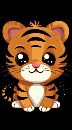 Cute cartoon tiger isolated on black background. Vector illustration for children.の素材