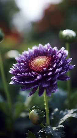 Purple chrysanthemum flower with drops of dewの素材