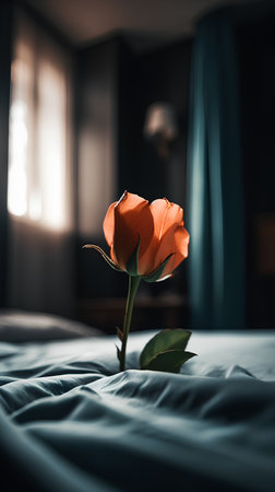 Beautiful orange rose on the bed in the hotel room. Selective focus.の素材