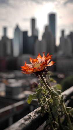 Orange flower on the balcony with the city skyline in the background.の素材