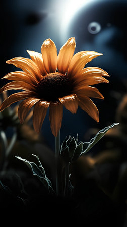 beautiful yellow sunflower on a dark background in the moonlightの素材