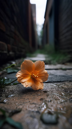 Orange hibiscus flower on the ground in the garden.の素材