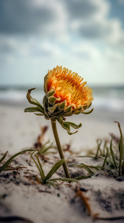 Beautiful orange flower on the beach. Selective focus. Toned.の素材