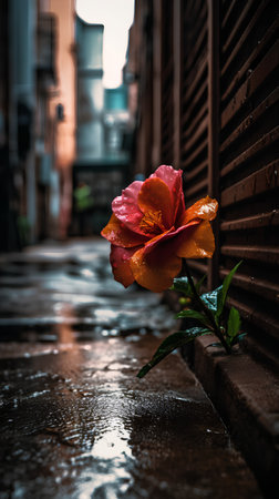 Beautiful red rose in the rain on the street. Toned.の素材
