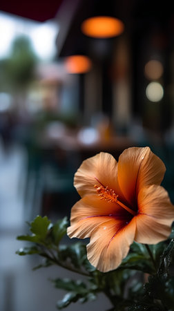 Orange hibiscus flower in a restaurant, shallow depth of fieldの素材