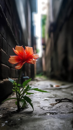 Red hibiscus flower on the street with old brick wallの素材