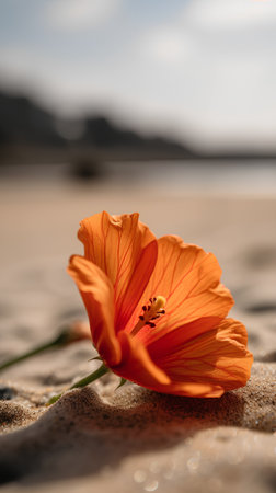 Orange hibiscus flower on the beach. Shallow depth of fieldの素材