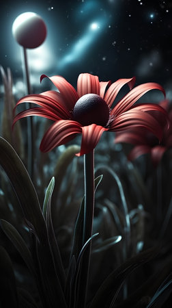 3d illustration of red flower in fantasy space with starry backgroundの素材