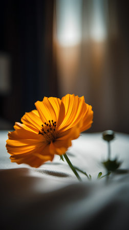 Beautiful orange cosmos flower on the bed. Selective focus.の素材