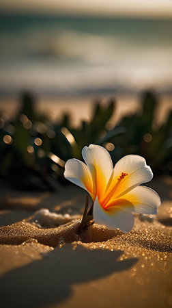 Plumeria flower on the beach at sunset. Shallow DOFの素材