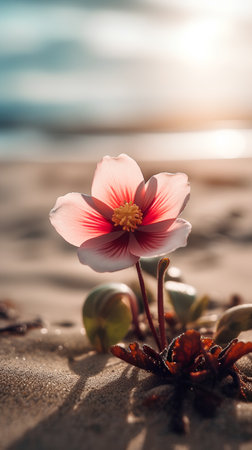 Beautiful pink flower on the beach in the morning. Selective focus.の素材