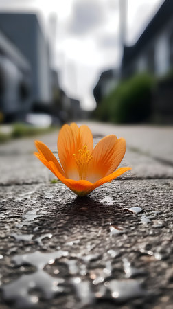 Orange flower on the cement floor in the city. Selective focus.の素材