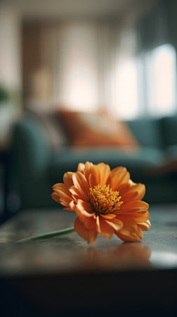 Orange gerbera flower on the table in the living room.の素材