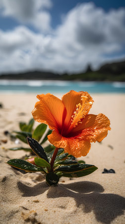 Orange hibiscus flower on the beach. Beautiful tropical landscape.の素材