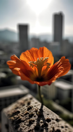 Orange poppy flower on the background of the city. Shallow depth of field.の素材