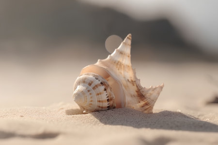 Seashell on the sand. Selective focus. Shallow depth of fieldの素材