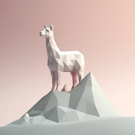 Polygonal alpaca on a mountain. 3d illustrationの素材