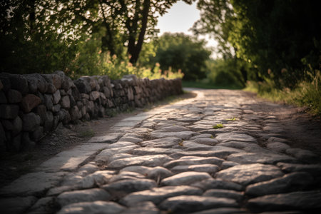 Old cobblestone road in the park. Selective focus.の素材