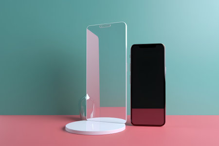 Mobile phone and hourglass on a pink background. 3d renderingの素材