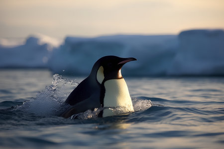 Penguin swimming in the ocean with icebergs in the backgroundの素材