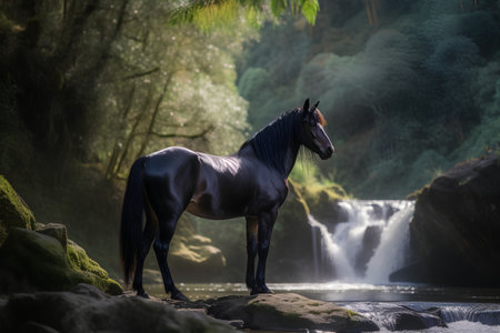 Black horse standing in front of a waterfall in the rainforest.の素材