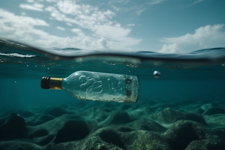 Message in a bottle floating in the water, underwater shot with shallow depth of fieldの素材